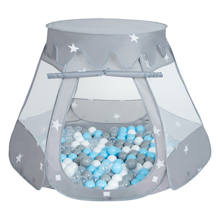 Baby Spielzelt Mit Plastikbällen Für Kinder Leicht und Kompakt ideal für Drinnen Und Draußen Fördert Sensorische Integration Schneller Aufbau, grau:grau-weiß-transparent-babyblau, 200 Stück