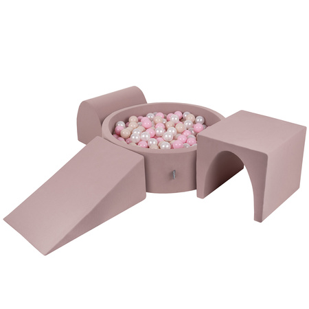 KiddyMoon Spielplatz aus Schaumstoff mit Bällebad und Bällen Hindernisläufen, erikafarben:pastellbeige/puderrosa/perle, Bällebad (300 Bälle) + Version 2