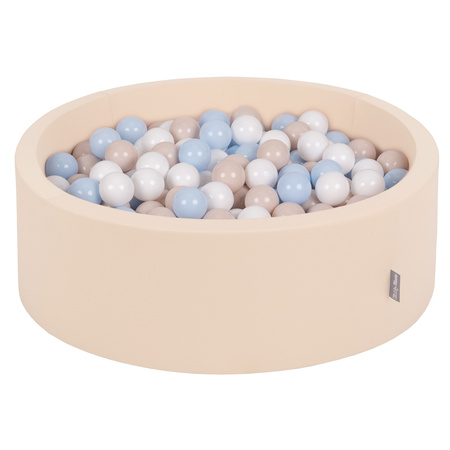 KiddyMoon Rundes Bällebad mit Bällen für Baby aus Schaumstoff, beige:pastellbeige/pastellblau/weiß, 90 x 30 cm 200 Bälle