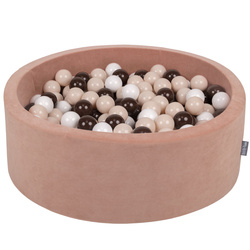 KiddyMoon Rund Bällebad Velvet Bällepool ∅ 7Cm Ballgruben Für Babys Spielbad Kleinkinder, Hergestellt in der EU, wüstenrosa: pastellbeige/braun/weiß, 90x30cm/200 Bälle