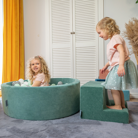 KiddyMoon Spielplatz Velvet Aus Schaumstoff Mit Samt Rund Bällebad Ballgruben Für Babys Spielbad Hindernisläufen, Hergestellt In Der EU, hellgrün/gelb/türkis/orange/dunkelpink/violett, Bällebad (100 Bälle) + Stüfchen