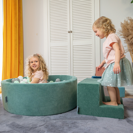 KiddyMoon Spielplatz Velvet Aus Schaumstoff Mit Samt Rund Bällebad Ballgruben Für Babys Spielbad Hindernisläufen, Hergestellt In Der EU, sandbeige:pastellbeige/puderrosa/perle/dunkelpink, Bällebad (100 Bälle) + Stüfchen