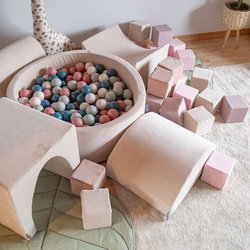 KiddyMoon Spielplatz Velvet Aus Schaumstoff Mit Samt Rund Bällebad Ballgruben Für Babys Spielbad Hindernisläufen, Hergestellt In Der EU, sandbeige:dunkeltürkis/pastellbeige/grüngrau/lachsfarben, Bällebad (200 Bälle) + Version 5