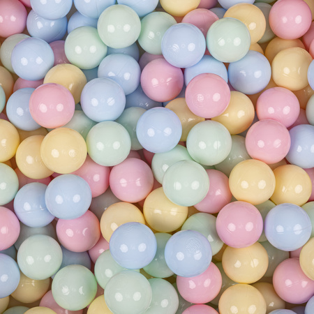 KiddyMoon Bällebad für Baby mit Teddy-Plüsch, Größere 7 cm Bälle für Eine Vollere Füllung, ab 8 Monaten, Abnehmbarer Bezug, Creme: Pastellblau/Pastellgelb/Weiß/Mint/Puderrosa, 90 x 30 cm 200 Bälle