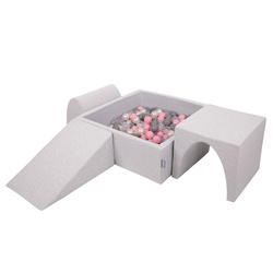 KiddyMoon Spielplatz aus Schaumstoff mit Quadrat Bällebad Bälle Hindernisläufen, hellgrau:perle/grau/transparent/puderrosa, Bällebad (300 Bälle) + Version 2