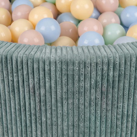 KiddyMoon Bällebad für Kinder aus Schaumstoff, weicher Rippbezug, abnehmbarer Bezug, waschbar, Grün: Pastellbeige/Pastellblau/Pastellgelb/Minze, 90 x 30 cm 200 Bälle