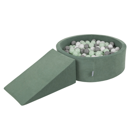 KiddyMoon Spielplatz Velvet  Aus Schaumstoff Mit Samt Rund Bällebad Ballgruben Für Babys Spielbad Hindernisläufen, Hergestellt In Der EU, waldgrün: weiß/grau/minze, Bällebad (200 Bälle) + Zwickel