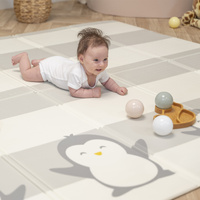 KiddyMoon Babymatte Zweiseitige Krabbelmatte Schaumstoffmatte Für Kinder Kindermatte Kindgerechte Muster Spielplatz Entwicklung Sicherer Und Bequemer Ideal Für Drinnen Und Draußen, Weiß-Pinguin, 180x200x1cm
