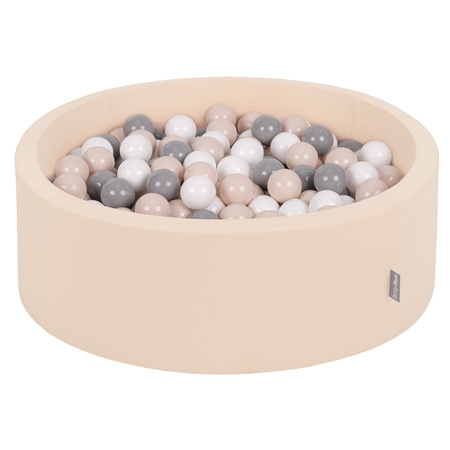 KiddyMoon Rundes Bällebad mit Bällen für Baby aus Schaumstoff, beige:pastellbeige/grau/weiß, 90 x 30 cm 300 Bälle
