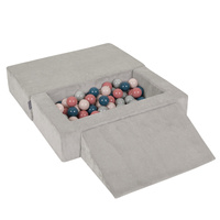 KiddyMoon Kindersofa Modular mit Weichem Zwickel und Bällen Für Kinderzimmer Bequem Vielseitig Gerippter Stoff Abnehmbarer Bezug Perfekt zum Spielen und Entspannen, hellgrau: dunkeltürkis/pastellbeige/grüngrau/lachsfarben, Sofa/Zwickel + 100 Bälle