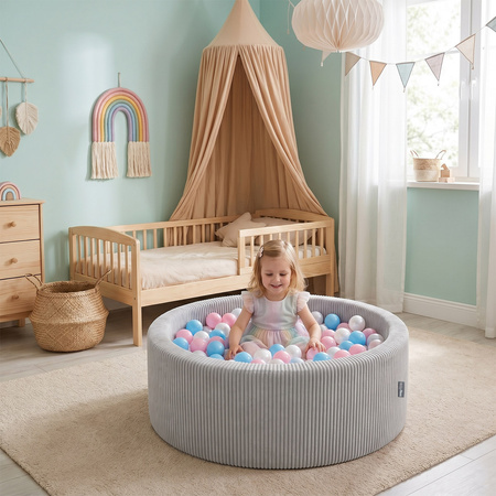 KiddyMoon Bällebad für Kinder aus Schaumstoff, 90 x 30 cm, weicher Rippbezug, abnehmbarer Bezug, weiches und sicheres Spielzeug, waschbar, Hellgrau: Weiß/Grau/Puderrosa, 90 x 30 cm 200 Bälle