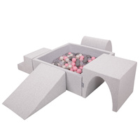 KiddyMoon Spielplatz aus Schaumstoff mit Quadrat Bällebad Bälle Hindernisläufen, hellgrau:perle/grau/transparent/puderrosa, Bällebad (300 Bälle) + Version 3