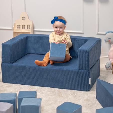KiddyMoon Kindersofa und Bällen Für Kinder Weiches Schaumstoff-Sofa Leich Modulares Sofa Vielseitig Abnehmbarer Bezug Perfekt für Spiel Lernen und Entspannung, dunkelblau: babyblau/blau/perle, Sofa + 100 Bälle