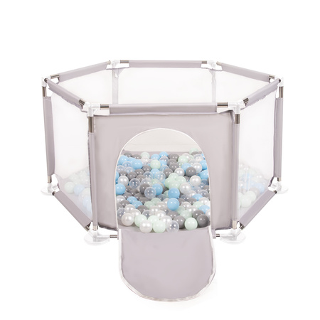 Sechseckiger Laufstall mit Bällen Laufgitter für Kinder, Grau:perle/grau/transparent/babyblau/minze, 100 Bälle