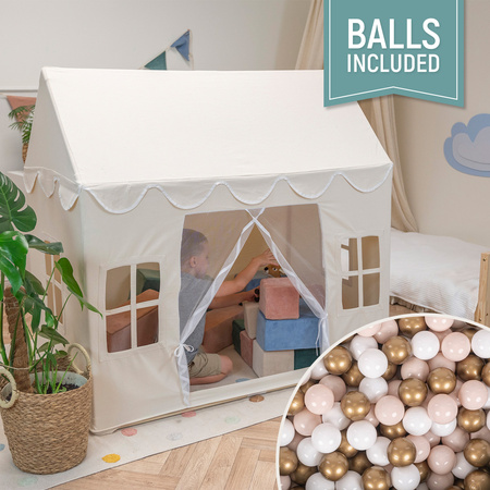 KiddyMoon Spielhaus Kinderzelt Für Kinder Kinderhaus Faltbares Design Kinder Spielzelt Indoor Kreativität Kuschelecke Kinderzelt Perfekt Für Drinnen Und Draußen Kinderzimmer, Naturfarbe:pastellbeige/weiß/gold, 300 Bälle