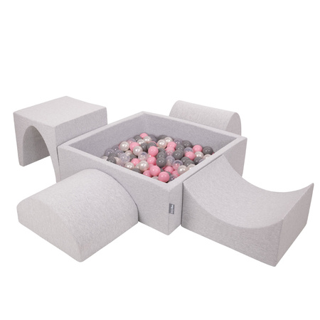 KiddyMoon Spielplatz aus Schaumstoff mit Quadrat Bällebad (300 Bälle) Ballgruben für Babys Spielbad Hindernisläufen, Hergestellt in der EU, hellgrau:perle/grau/transparent/puderrosa, Bällebad (200 Bälle) + Version 1