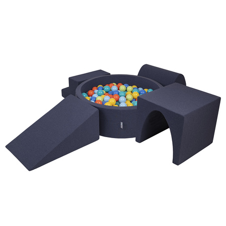 KiddyMoon Spielplatz aus Schaumstoff mit Bällebad und Bällen Hindernisläufen, dunkelblau:hellgrün/orange/türkis/blau/bblue/gelb, Bällebad (300 Bälle) + Version 3