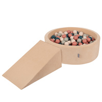 KiddyMoon Spielplatz Velvet  Aus Schaumstoff Mit Samt Rund Bällebad Ballgruben Für Babys Spielbad Hindernisläufen, Hergestellt In Der EU, sandbeige:dunkeltürkis/pastellbeige/grüngrau/lachsfarben, Bällebad (200 Bälle) + Zwickel