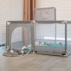 Laufstall mit Korb und Bällen Laufgitter für Kinder, grün:perle/grau/transparent/babyblau/minze, 200 Bälle