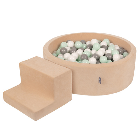 KiddyMoon Spielplatz Velvet Aus Schaumstoff Mit Samt Rund Bällebad Ballgruben Für Babys Spielbad Hindernisläufen, Hergestellt In Der EU, sandbeige:weiß/grau/minze, Bällebad (200 Bälle) + Stüfchen