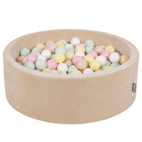 KiddyMoon Rundes Bällebad Schaumstoff Velvet Sensorik Spielzeug, Sandbeige: Pastellbeige/Pastellgelb/Weiß/Mint/Puderrosa, 90 x 30 cm 200 Bälle