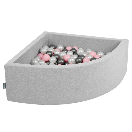 KiddyMoon Viertel Eckig Bällebad Bällepool ∅ 7Cm Ballgruben Für Babys Spielbad Kleinkinder, Hergestellt in der EU, hellgrau:perle/puderrosa/silbern, 90 x 30 cm 300 Bälle