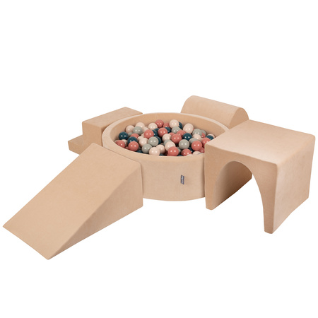 KiddyMoon Spielplatz Velvet Aus Schaumstoff Mit Samt Rund Bällebad Ballgruben Für Babys Spielbad Hindernisläufen, Hergestellt In Der EU, sandbeige:dunkeltürkis/pastellbeige/grüngrau/lachsfarben, Bällebad (300 Bälle) + Version 3