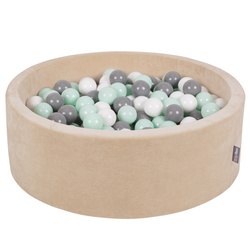 KiddyMoon Rund Bällebad Velvet  ∅ 7Cm, Sandbeige: Weiß/Grau/Mint, 90x30cm/200 Bälle