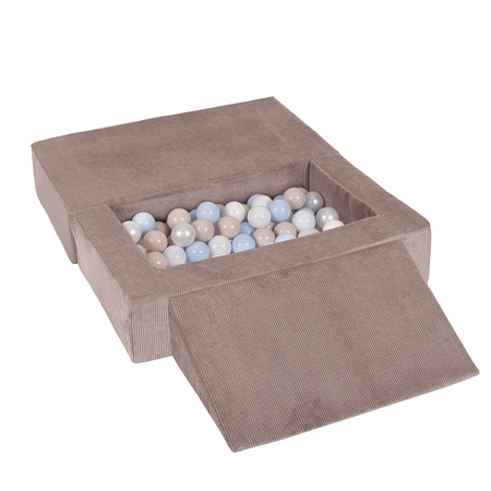 KiddyMoon Kindersofa Modular mit Weichem Zwickel und Bällen Für Kinderzimmer Bequem Vielseitig Gerippter Stoff Abnehmbarer Bezug Perfekt zum Spielen und Entspannen, dunkelbeige: pastellbeige/pastellblau/weiß/perle, Sofa/Zwickel + 100 Bälle