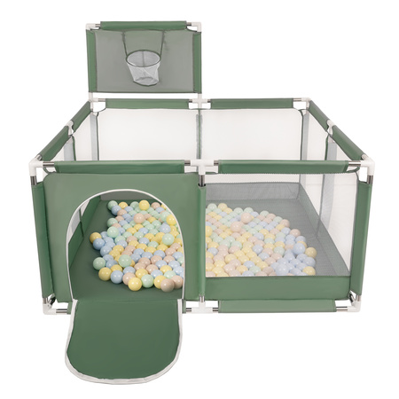 Laufstall mit Korb und Bällen Laufgitter für Kinder, grün:pastellbeige/pastellblau/pastellgelb/minze, 400 Bälle