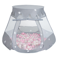 Baby Spielzelt Mit Plastikbällen Für Kinder Leicht und Kompakt ideal für Drinnen Und Draußen Fördert Sensorische Integration Schneller Aufbau, grau:puderrosa/perle/transparent, 100 Bällen