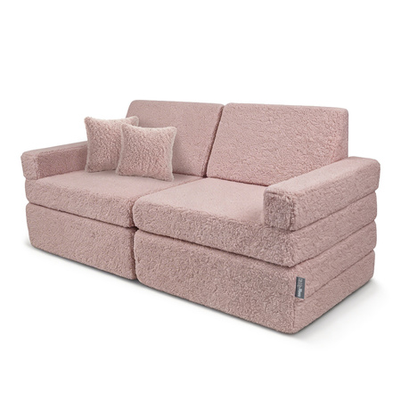 KiddyMoon Kindersofa aus Schaumstoff mit Teddy-Plüsch, modular und klappbar, mit 2 Kissen, zum Spielen, Lesen und Entspannen, rosa, Kindersofa mit 2 Kissen