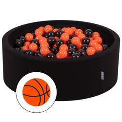 KiddyMoon Bällebad Bällepool mit bunten Bällen ∅ 7Cm  für Babys Kinder Rund, Basketball:schwarz/orange, 90x30cm/200 Bälle