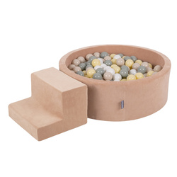 KiddyMoon Spielplatz Velvet Aus Schaumstoff Mit Samt Rund Bällebad Ballgruben Für Babys Spielbad Hindernisläufen, Hergestellt In Der EU, wüstenrosa: pastellbeige/grüngrau/pastellgelb/weiß, Bällebad (100 Bälle) + Stüfchen