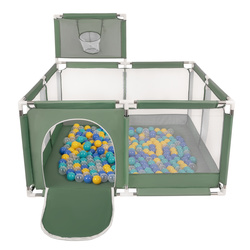 Laufstall mit Korb und Bällen Laufgitter für Kinder, grün:türkis/blau/gelb/transparent, 100 Bälle