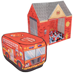 Feuerwehrauto Zelt Und Feuerwache Zelt Spielhaus Für Kinder Spielzelt Set Faltbar Pop Up Indoor Outdoor Rollenspiel Geschenk Für Jungen Mädchen Abenteuer PH-400X+PH-500X, rot:schwarz/weiß/rot/babyblau, 100 Bälle