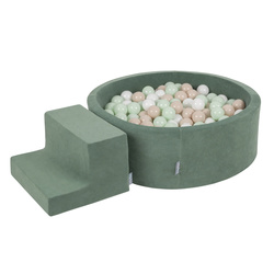 KiddyMoon Spielplatz Velvet Aus Schaumstoff Mit Samt Rund Bällebad Ballgruben Für Babys Spielbad Hindernisläufen, Hergestellt In Der EU, pastellbeige/weiß/minze, Bällebad (100 Bälle) + Stüfchen