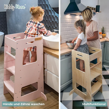 KiddyMoon Lernturm für Kinder ab 1 Jahr, Anti Kipp Schutz, Höhenverstellbar (3-stufiger), Montessori Learning Tower, Küchenhelfer, Höchste Sicherheit, inkl. Montagezubehör, Modell ST-003, Weiß, 91,5x39,3x49,4
