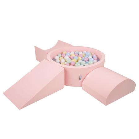 KiddyMoon Spielplatz aus Schaumstoff mit Bällebad und Bällen Hindernisläufen, pink:pastellblau/pastellgelb/weiß/minze/puderrosa, Bällebad (300 Bälle) + Version 4