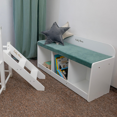 KiddyMoon Sitzbank mit Sitzfläche für Kinder Multifunktional Kindermöbel zum Sitzen Aufbewahrung Spielzeug Kind, Grau/Waldgrün, UNI