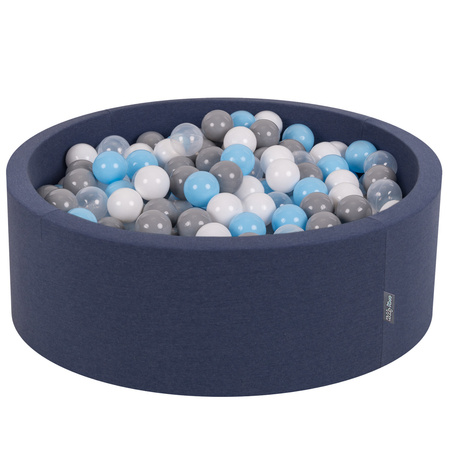 KiddyMoon Bällebad Bällepool mit bunten Bällen ∅ 7Cm  für Babys Kinder Rund, dunkelblau:grau/weiß/transparent/babyblau, 90x30cm/300 Bälle