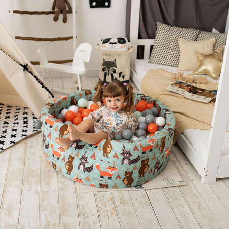 KiddyMoon Rund Bällebad Bällepool ∅ 7Cm Ballgruben Mit Bunten Bällen Für Babys Spielbad Kleinkinder, Hergestellt in der EU, Füchse-grün:orange/mint/grau/weiß, 90x30cm/200 Bälle
