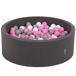 KiddyMoon Bällebad Bällepool mit bunten Bällen ∅ 7Cm  für Babys Kinder Rund, dunkelgrau:grau/weiß/hellpink, 90x30cm/200 Bälle