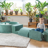 KiddyMoon Spielplatz Velvet Aus Schaumstoff Mit Samt Rund Bällebad Ballgruben Für Babys Spielbad Hindernisläufen, Hergestellt In Der EU, zieleń lasu: ciemny turkus-zielonoszary-biały