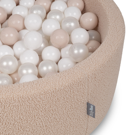 KiddyMoon Bällebad für Baby mit Teddy-Plüsch, Größere 7 cm Bälle für Eine Vollere Füllung, ab 8 Monaten, Abnehmbarer Bezug, Beige: Pastellbeige/Weiß/Perle, 90 x 30 cm 300 Bälle