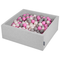 KiddyMoon Bällebad Bällepool mit bunten Bällen ∅ 7Cm für Babys Kinder Quadrat, hellgrau:perle/grau/pink