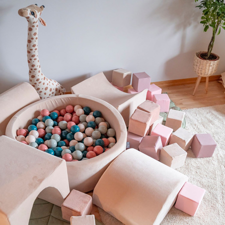 KiddyMoon Rundes Bällebad Schaumstoff Velvet Sensorik Spielzeug, Sandbeige: Braun/Kupfer/Pastellbeige/Lachs, 90 x 30 cm 300 Bälle