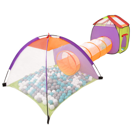 3in1 Spielzelt mit Tunnel Spielplatz PopUp Bällebad mit Bälle Für Kinder, Mehrfarbig:grau/weiß/türkis, 400 Bälle