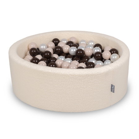 KiddyMoon Bällebad für Baby mit Teddy-Plüsch, Größere 7 cm Bälle für Eine Vollere Füllung, ab 8 Monaten, Abnehmbarer Bezug, Creme: Pastellbeige/Braun/Perle, 90 x 30 cm 200 Bälle