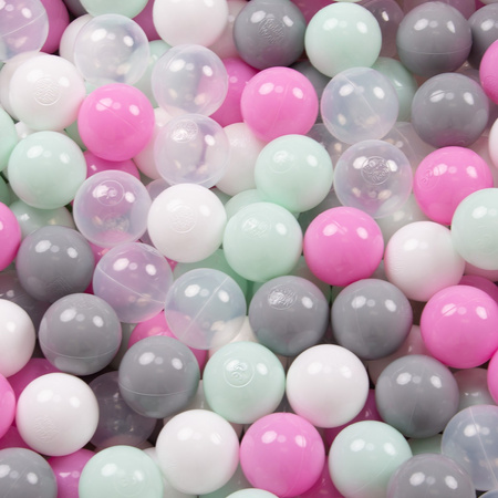 KiddyMoon Bällebad Bällepool mit bunten Bällen ∅ 7Cm  für Babys Kinder Rund, hellgrau:transparent/grau/weiß/pink/mint, 90x30cm/200 Bälle